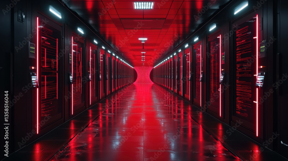 Aufkleber futuristic data center corridor illuminated by red lights showcases rows of servers, emphasizing imp