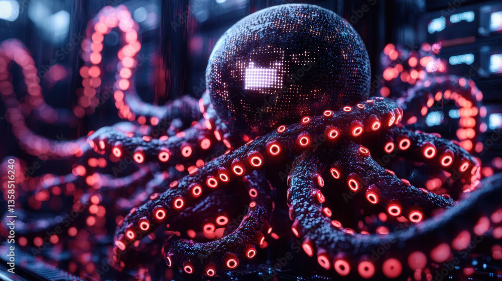 Poster futuristic octopus with glowing red lights and digital texture symbolizes importance of cybersecurit