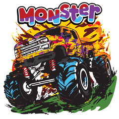 Colorful monster truck with giant wheels and graffiti splash driving over dirt with bold monster text above. Extreme vehicle concept
