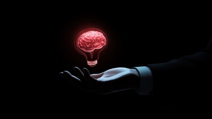 Businessman Holding a Glowing Light Bulb with Brain Icon – A Symbol of Innovation, Creativity, and Futuristic Digital Marketing Strategy