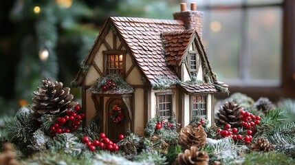 A beautifully crafted toy house with rustic country charm, surrounded by pinecones and berries, adding a festive touch to an English countryside holiday celebration. 