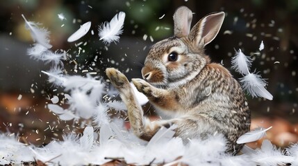 Obraz premium Rabbit playing in a pile of feathers kicking them up into the air
