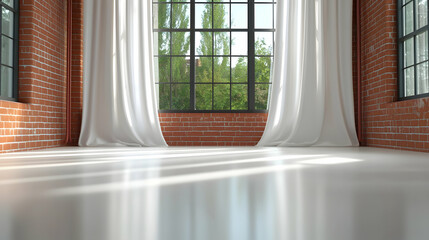 Bright Industrial Loft Interior with Exposed Brick Walls and White Curtains