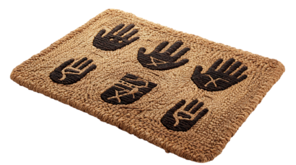 A ?Welcome? door mat woven with ?Shalom,? ?Namaste,? ?Hola,? and ASL hand symbols. Earthy textures, white backdrop
