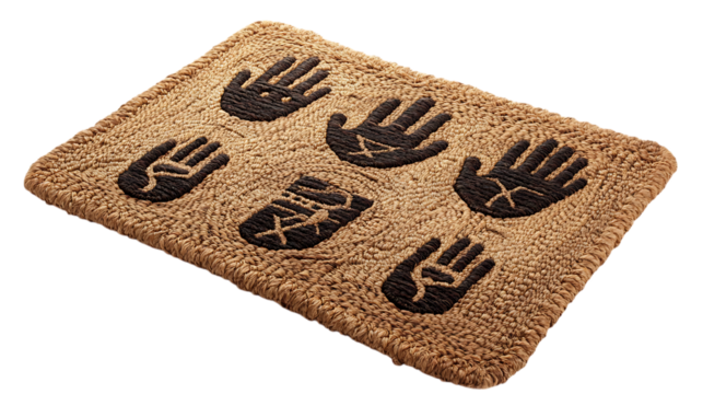 A ?Welcome? door mat woven with ?Shalom,? ?Namaste,? ?Hola,? and ASL hand symbols. Earthy textures, white backdrop