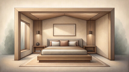 Fototapeta premium serene modern minimalist bedroom in watercolor features wooden bed frame, neutral tones, and soft lighting, creating calming atmosphere