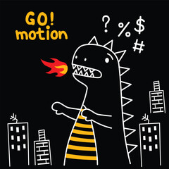 Cartoon monster breathing fire while standing between city buildings on black background at night. Comic fantasy concept
