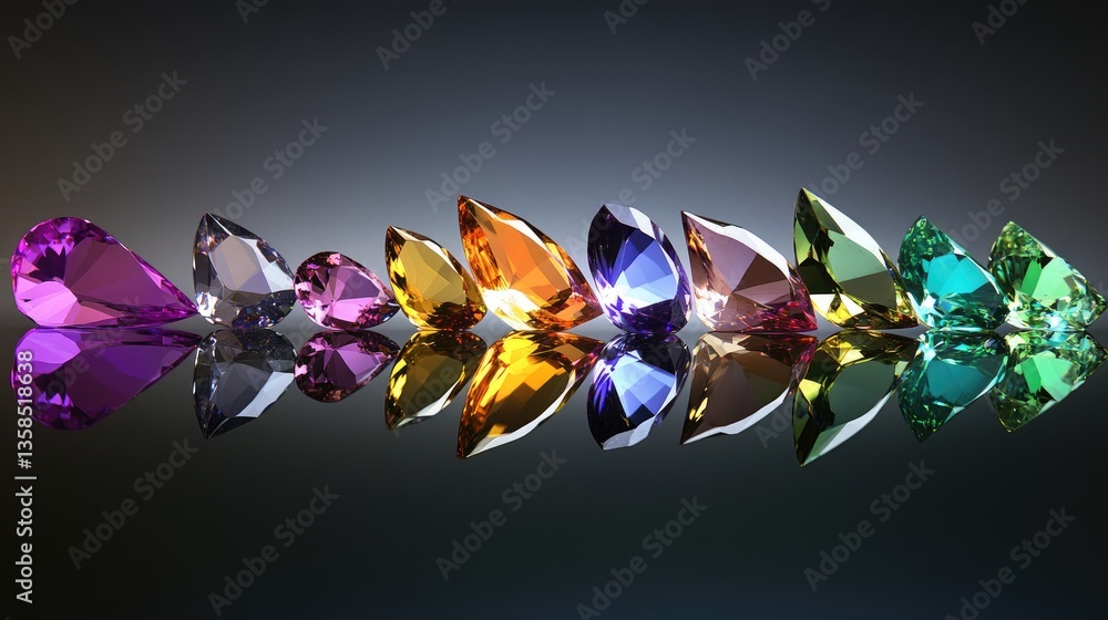 Poster an exquisite lineup of loose faceted gemstones arranged in a symmetrical pattern on a reflective sur
