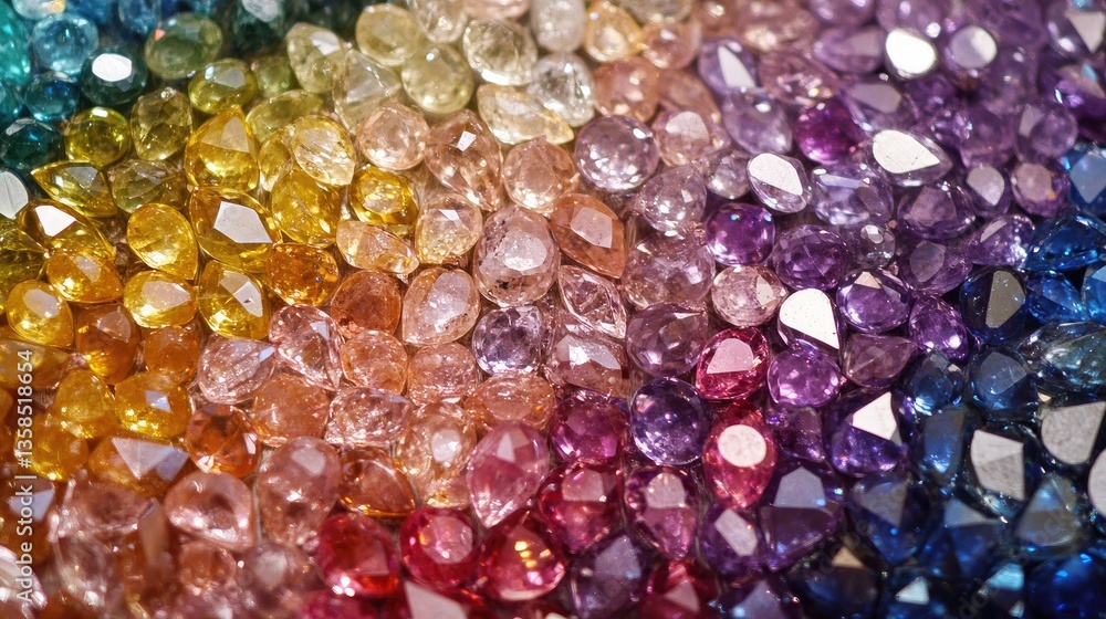 Poster an exquisite set of loose faceted gemstones arranged in a gradient color pattern.