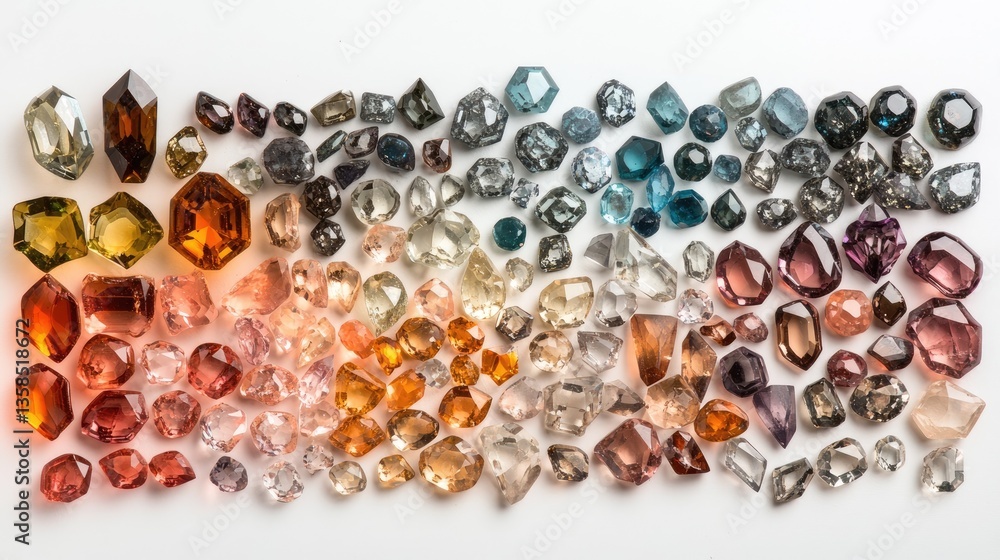 Poster an exquisite set of loose faceted gemstones arranged in a gradient color pattern.
