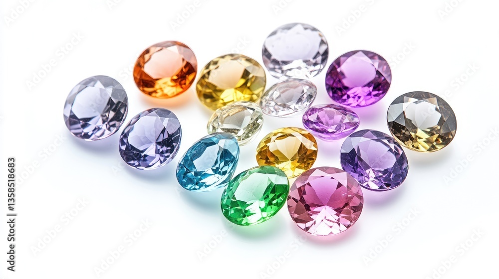 Poster an exquisite set of loose faceted gemstones arranged in a gradient color pattern.