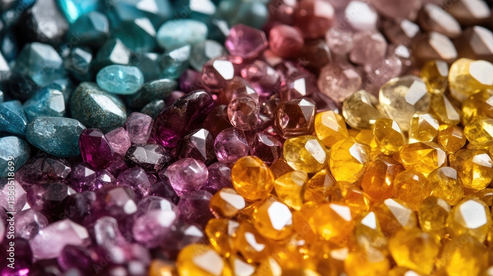 Poster an exquisite set of loose faceted gemstones arranged in a gradient color pattern.