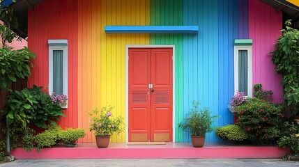 A cheerful house exterior showcasing vivid rainbow colors, each stripe perfectly aligned to create a playful and welcoming atmosphere. 