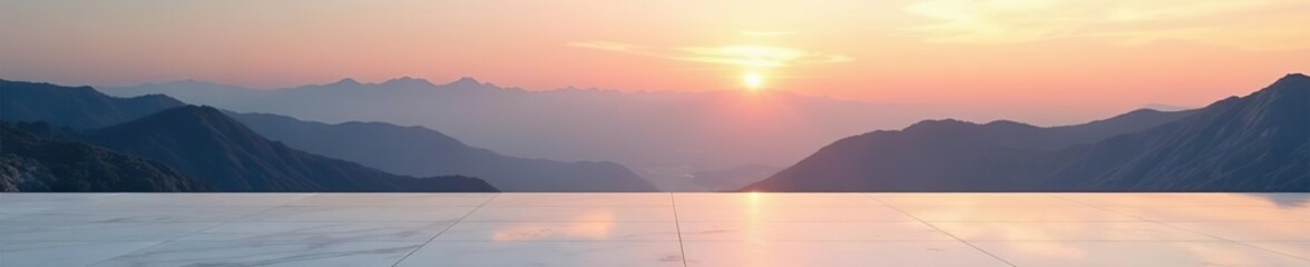 Empty marble floor with panoramic sky view of mountain at sunrise for product display,  marble,  floor