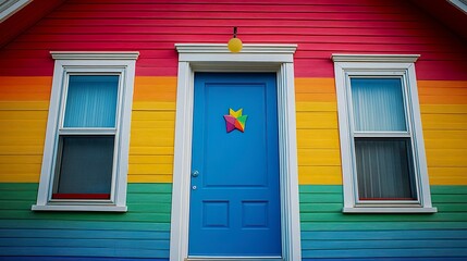 A cheerful house exterior showcasing vivid rainbow colors, each stripe perfectly aligned to create a playful and welcoming atmosphere. 