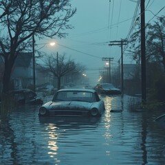 Abandoned cars submerged in floodwaters during a gloomy evening.