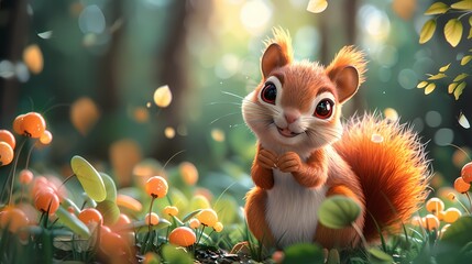 Adorable Squirrel in Nature: A charming squirrel, with its fluffy tail and bright eyes, nestled in a bed of wildflowers and lush foliage, basking in a warm, gentle sunlight.
