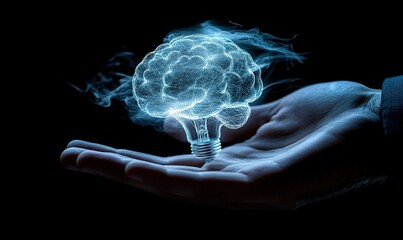 Businessman Holding a Glowing Light Bulb with Brain Icon – A Symbol of Innovation, Creativity, and Futuristic Digital Marketing Strategy