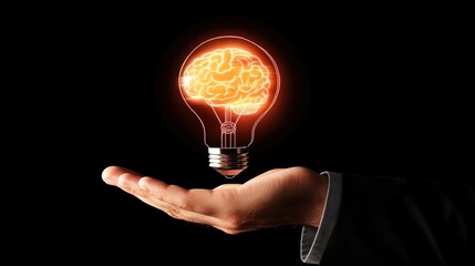 Businessman Holding a Glowing Light Bulb with Brain Icon – A Symbol of Innovation, Creativity, and Futuristic Digital Marketing Strategy