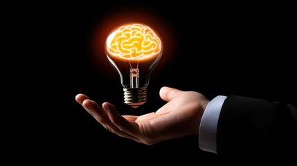 Businessman Holding a Glowing Light Bulb with Brain Icon – A Symbol of Innovation, Creativity, and Futuristic Digital Marketing Strategy