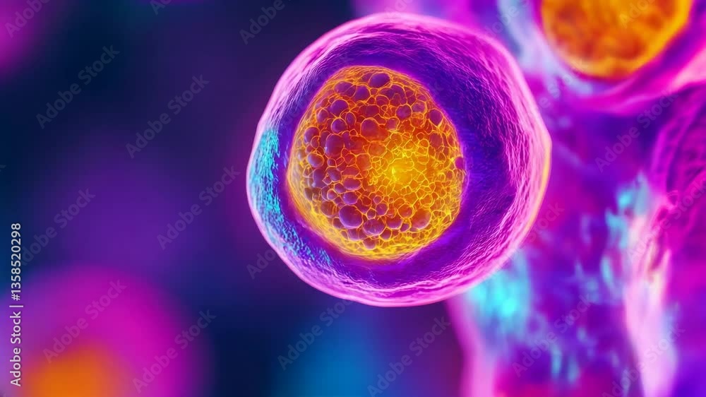 Poster exploring vibrant cellular structures in a microscopic world filled with color and life