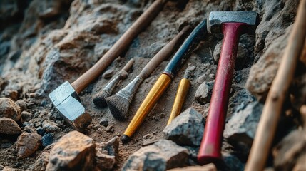A set of gemstone mining tools including hammers, chisels, and brushes on a rocky surface.