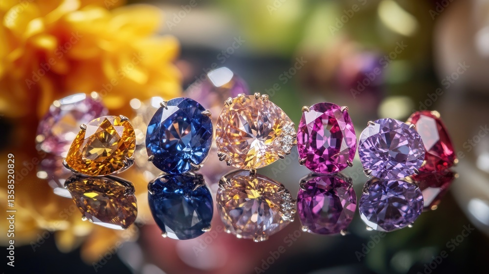 Aufkleber a showcase of multi-colored sapphires in different shapes and cuts, elegantly arranged on a mirror s
