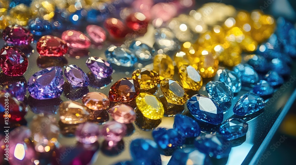 Aufkleber a showcase of multi-colored sapphires in different shapes and cuts, elegantly arranged on a mirror s