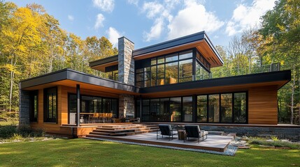 Fototapeta premium A contemporary house with a bold, minimalist design, featuring wooden accents and a spacious open floor plan, perfect for architecture and real estate content. 