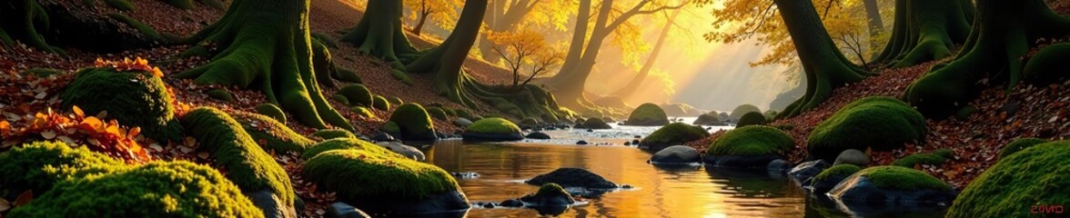 Enchanting forest with vibrant fall foliage, moss-covered rocks, and a winding stream reflecting golden sunlight,  rocks,  fall