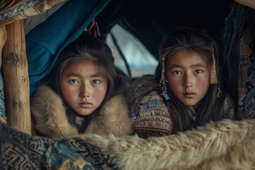 Portrait of native Mongolian tribal villager with traditional costume, Selective focus Mongolian ethnic in cold and snow land with unique accessories, Genkiskhan with red brushing cheek in winter.