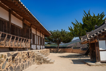 Naklejka premium Courtyard view of an old traditional Korean house (Yangdong Village, Gyeongju, Korea)