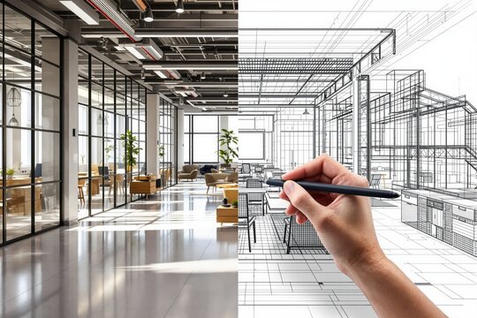 Hand drawing an office interior transitioning from architectural blueprint to modern workspace, featuring glass walls and industrial ceiling. Ai generative - Powered by Adobe