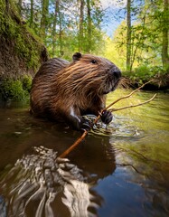Hardworking Beaver Carrying a Branch to Build Its Forest Stream Home