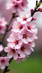 Obraz premium Delicate pink cherry blossoms in full bloom on a branch, showcasing the beauty of spring with vibrant colors and fresh greenery, bloom, nature