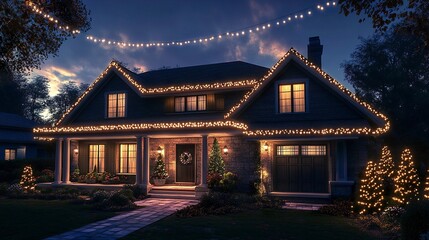 Obraz premium A cozy suburban house featuring string lights wrapped around the roof and pillars, casting a soft, inviting glow perfect for the holiday season 