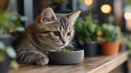Cute kitten eating from a bowl on a shelf