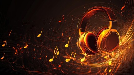 Golden headphones in fiery music notes