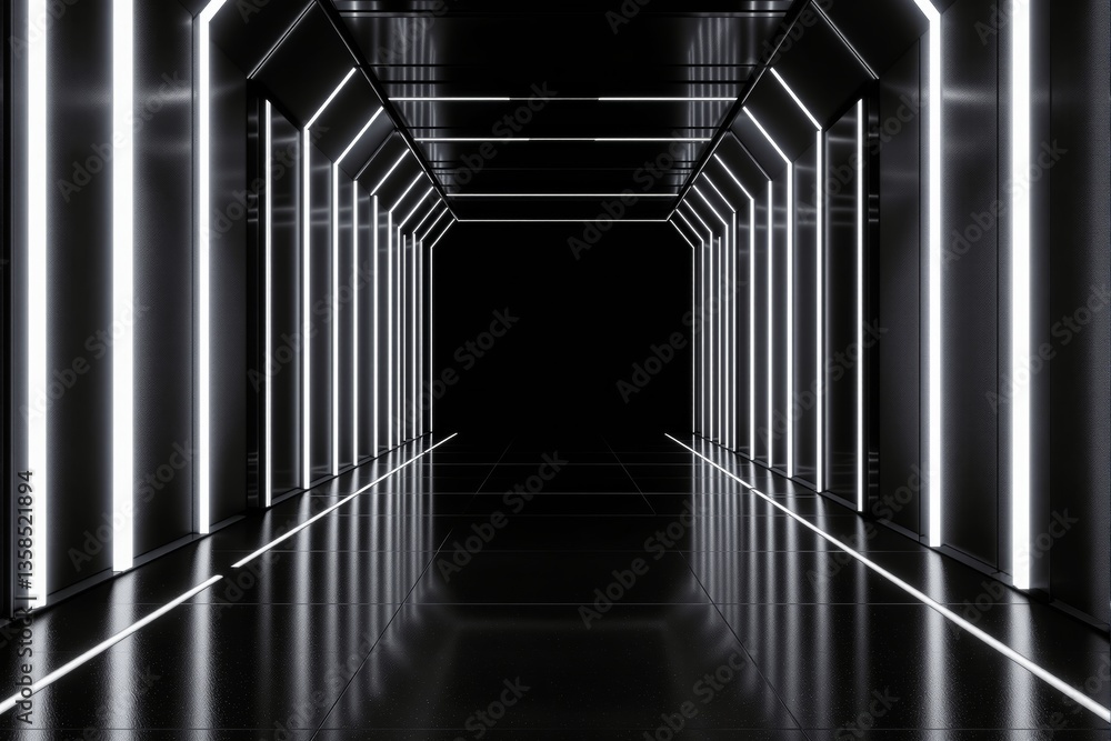 Poster futuristic corridor interior with modern glowing white light accents and sleek architecture, creatin