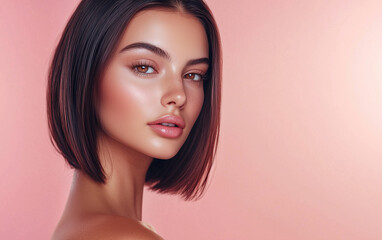 Fototapeta premium Beautiful Woman with Bob Haircut and Glowing Skin on Pink Background