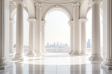 Obraz premium Elegant classical interior with tall columns and arched openings, overlooking a modern city skyline in the distance. Bright and luxurious architecture. Ai generative
