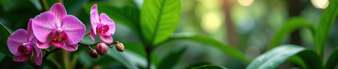 Obraz premium Exotic orchid blooms in a lush green garden with tropical plants, vibrant flowers, and foliage, foliage, garden