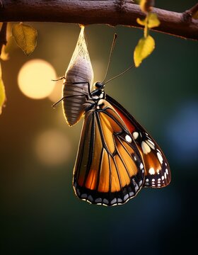 A butterfly hatching from its cocoon on a branch, wings opening for the first time in morning light