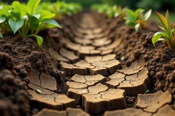 Dried, cracked soil in a garden bed with wilted, brown plants illustrating drought and neglect,  dried,  lack of care