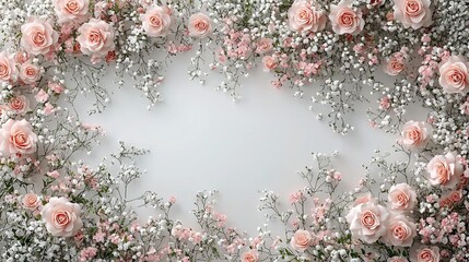 Delicate floral arrangement. Soft pink and white roses and small flowers create a heart-shaped frame on a light gray background