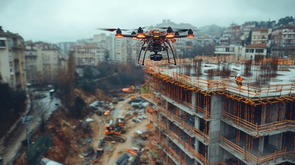 Drone flying over construction site in city.
