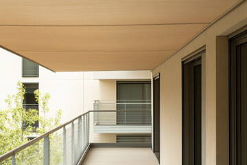 Fototapeta premium Architecture design of balcony with perfect proportion, Residence balcony, Modern design of building, Perspective view of walkway inside building.