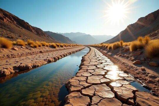 Dry and cracked riverbed of Amendolea River surrounded by barren landscapes under scorching sun,  arid,  nature