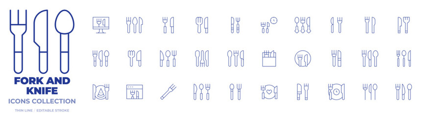 Fork and knife icons collection. Thin Line icons, editable stroke. cutlery, food, online, restaurant, time to eat, kitchen utensils, lunch time, baby cutlery, eat
