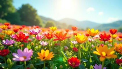 Fototapeta premium Field of colorful flowers blooming under a bright sunlight, flowers, environment